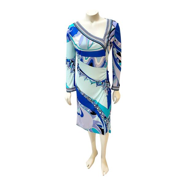 Emilio Pucci Printed Jersey Silk Knee Length Dress Blue Purple Sz 12 - Picture 3 of 13